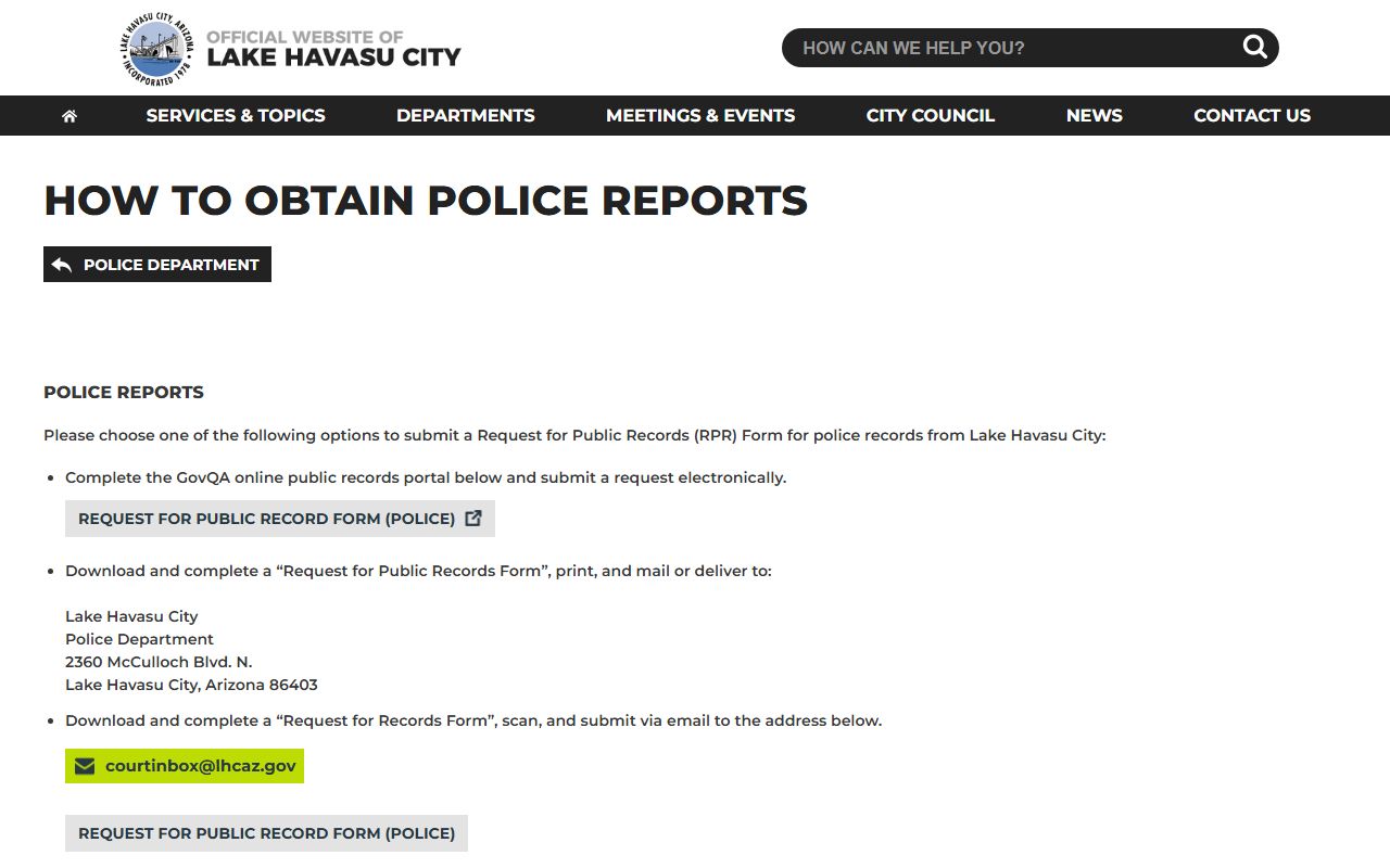 Lake Havasu City Police records portal for recent bookings