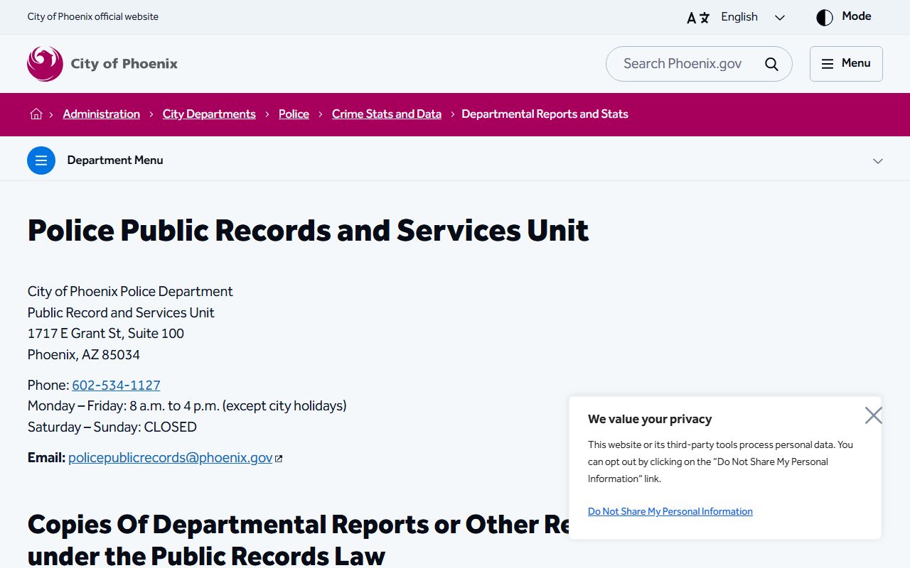 Phoenix Police public records portal for recent bookings information