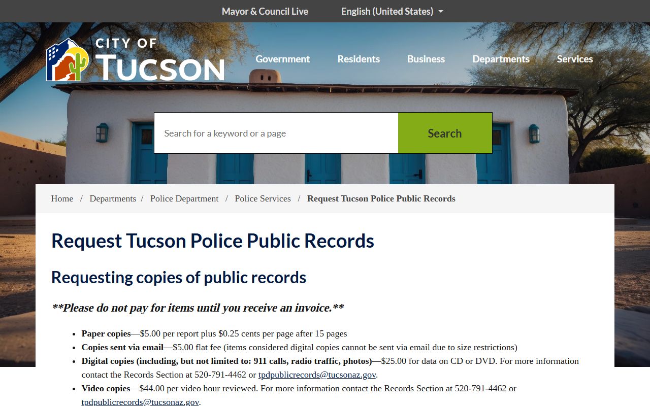 Tucson Police Department public records request page for recent bookings