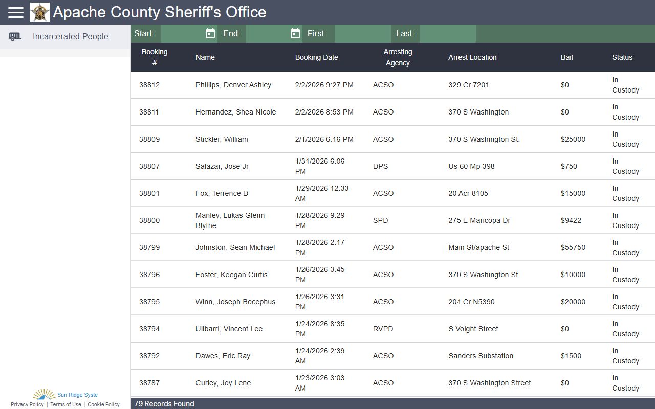 Apache County CitizenRIMS inmate database for recent bookings