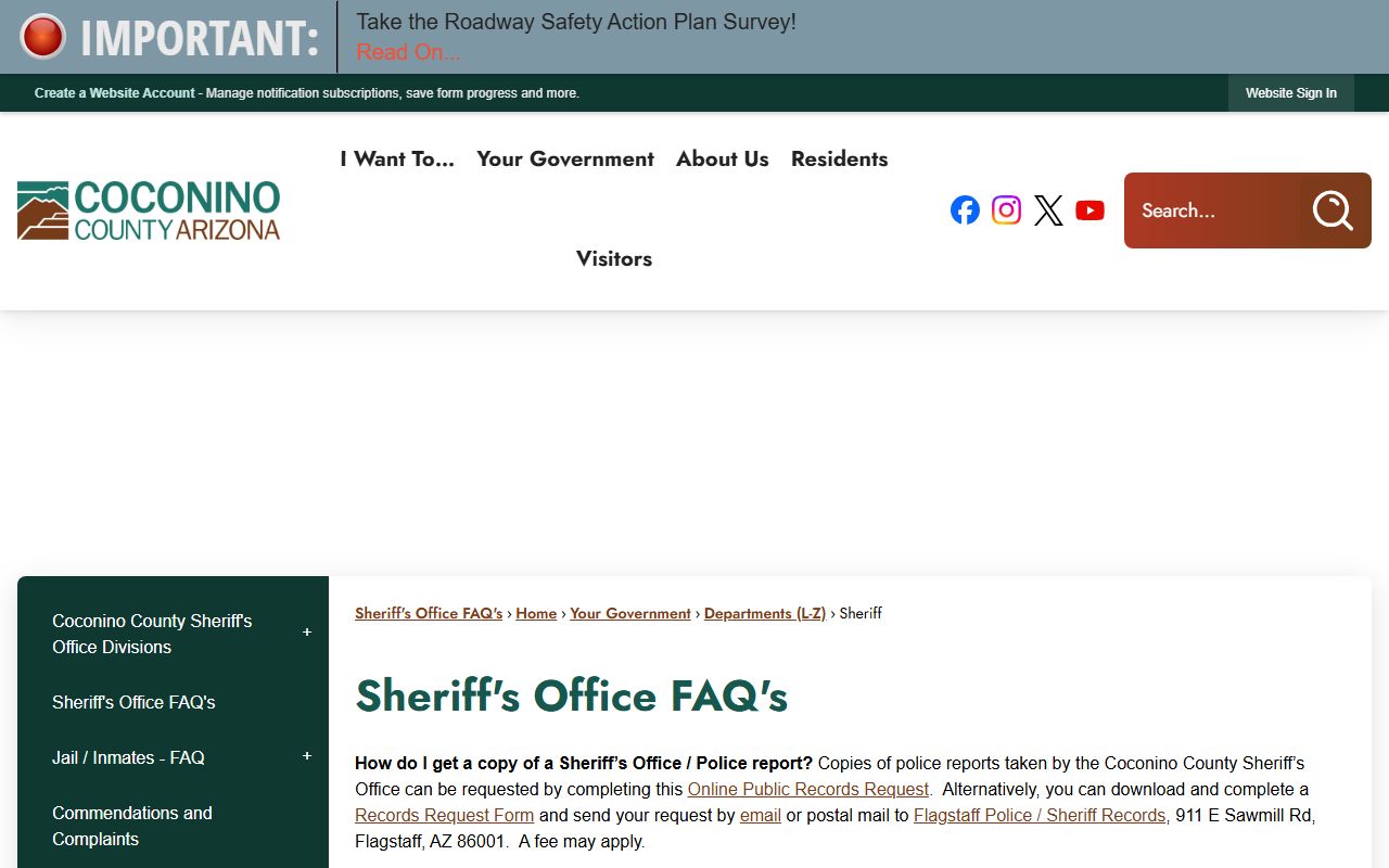 Coconino County Sheriff's Office FAQ page for recent bookings information