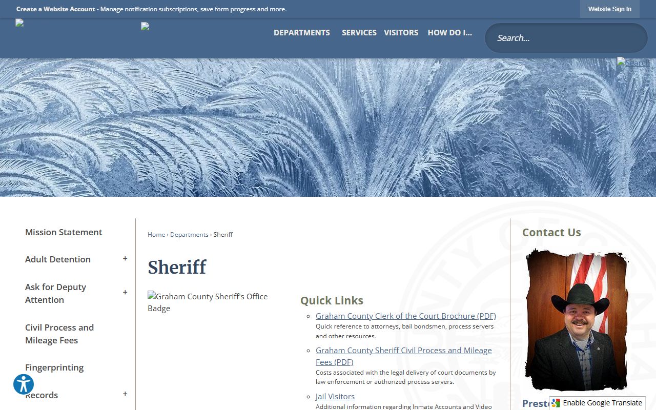 Graham County Sheriff's Office information page for recent bookings