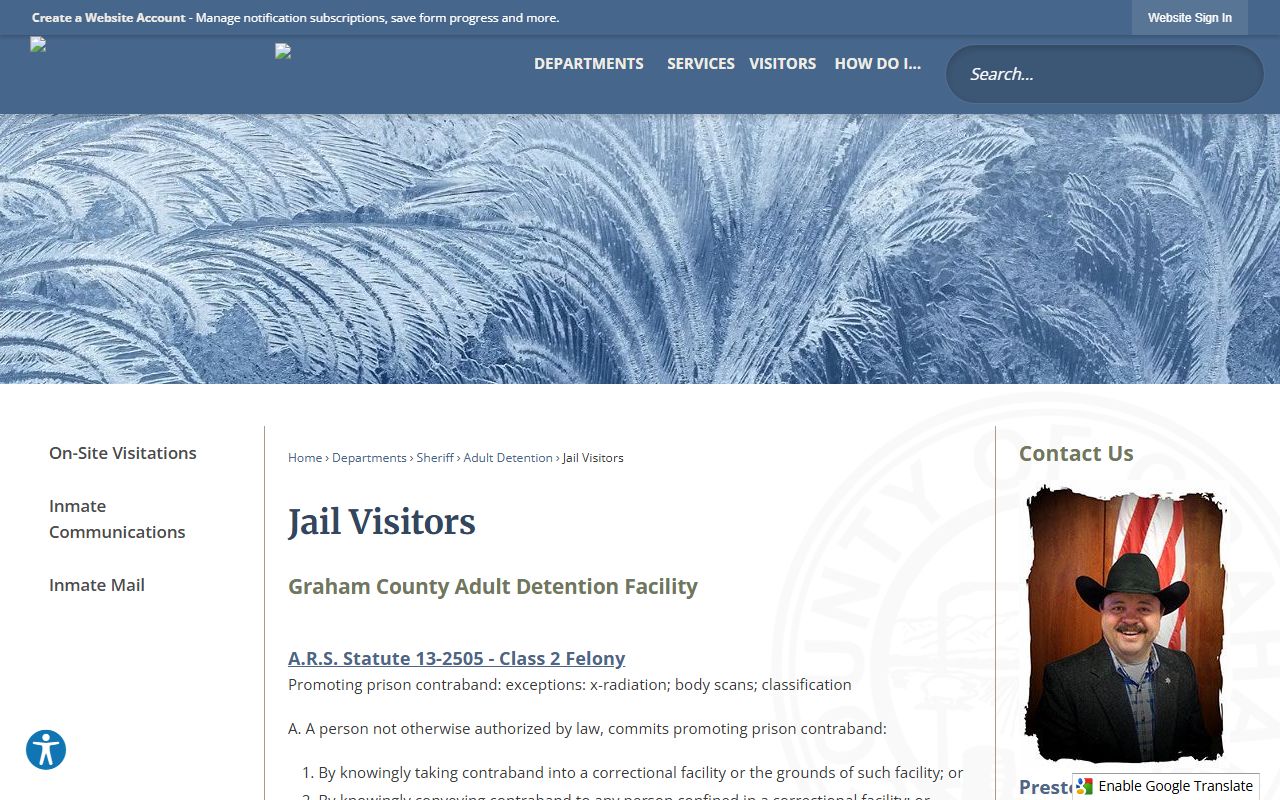 Graham County jail visitors information page for recent bookings