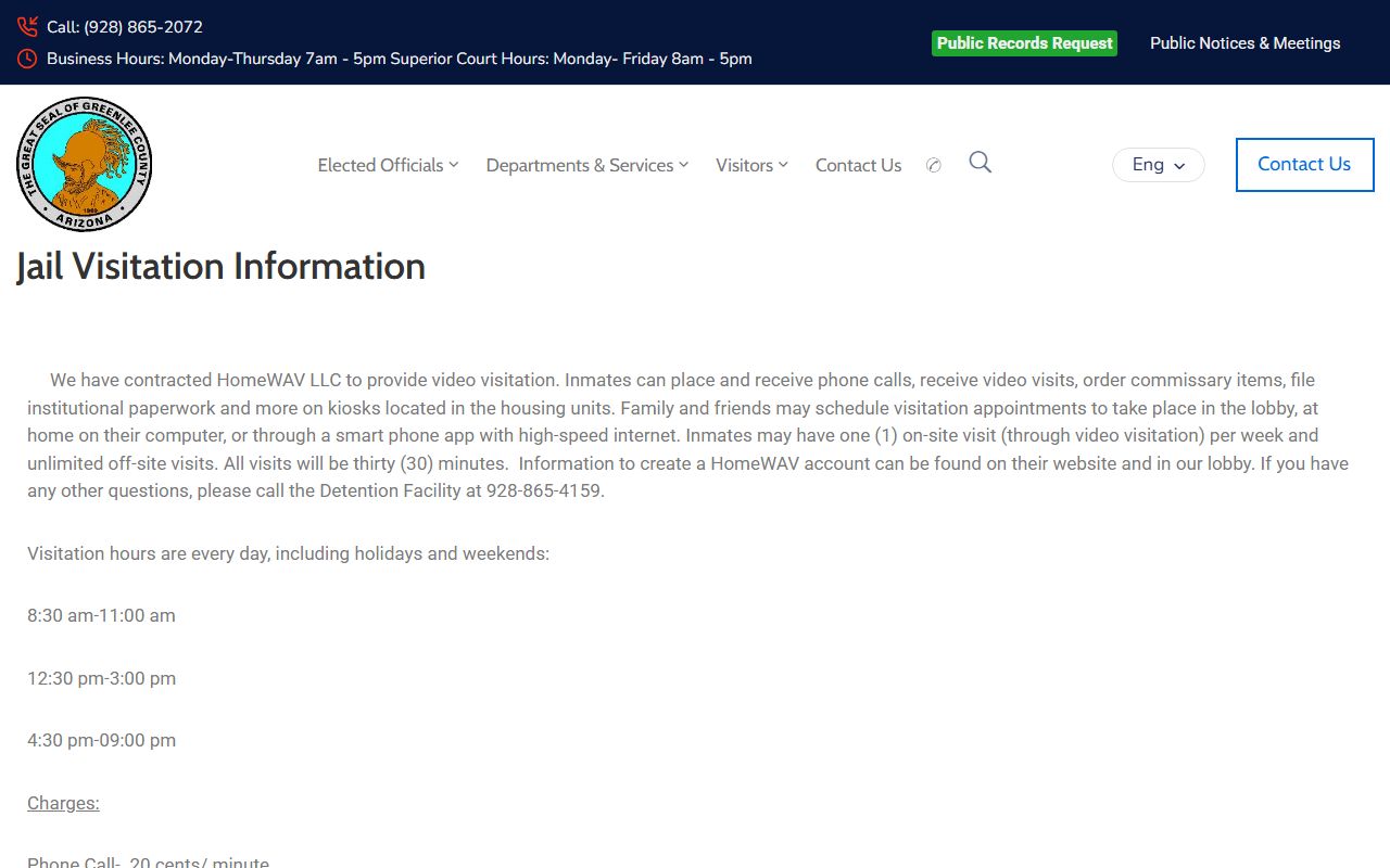 Greenlee County Sheriff jail visitation information page