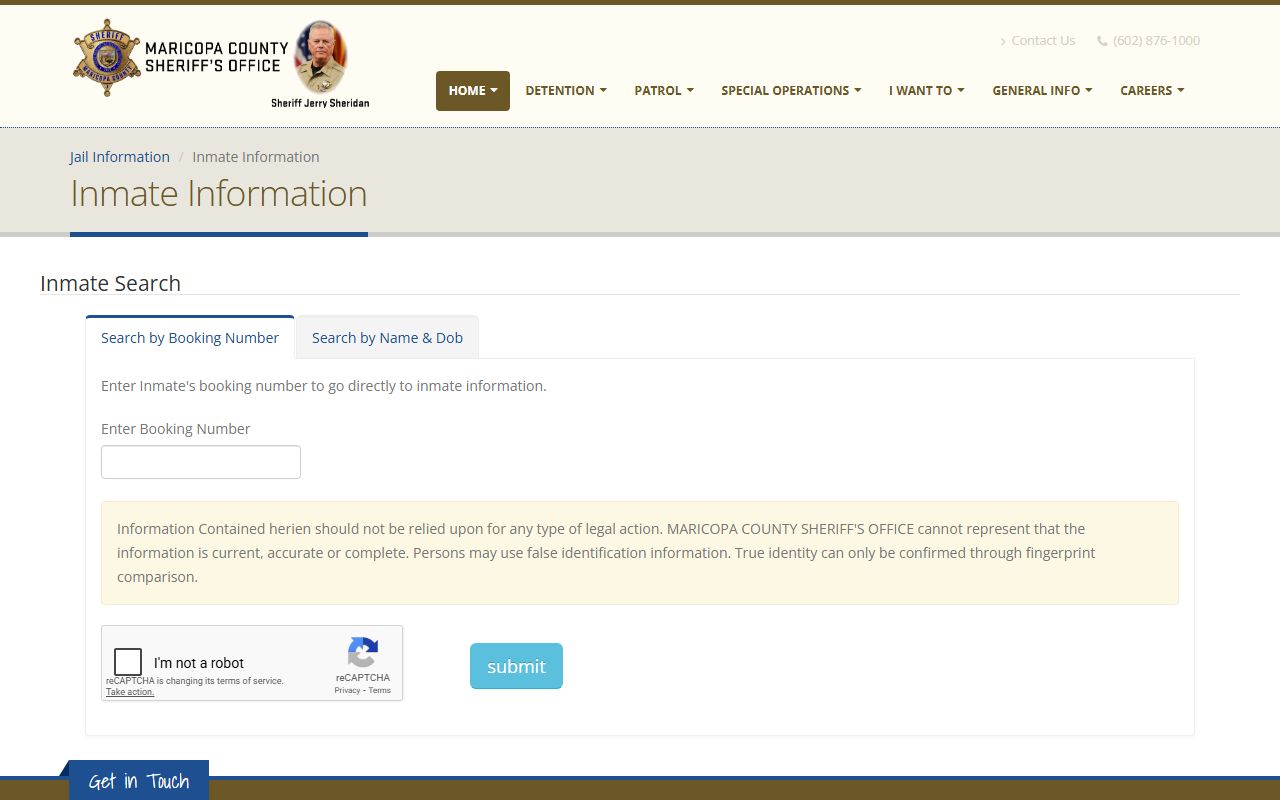 Maricopa County Sheriff inmate search portal for recent bookings