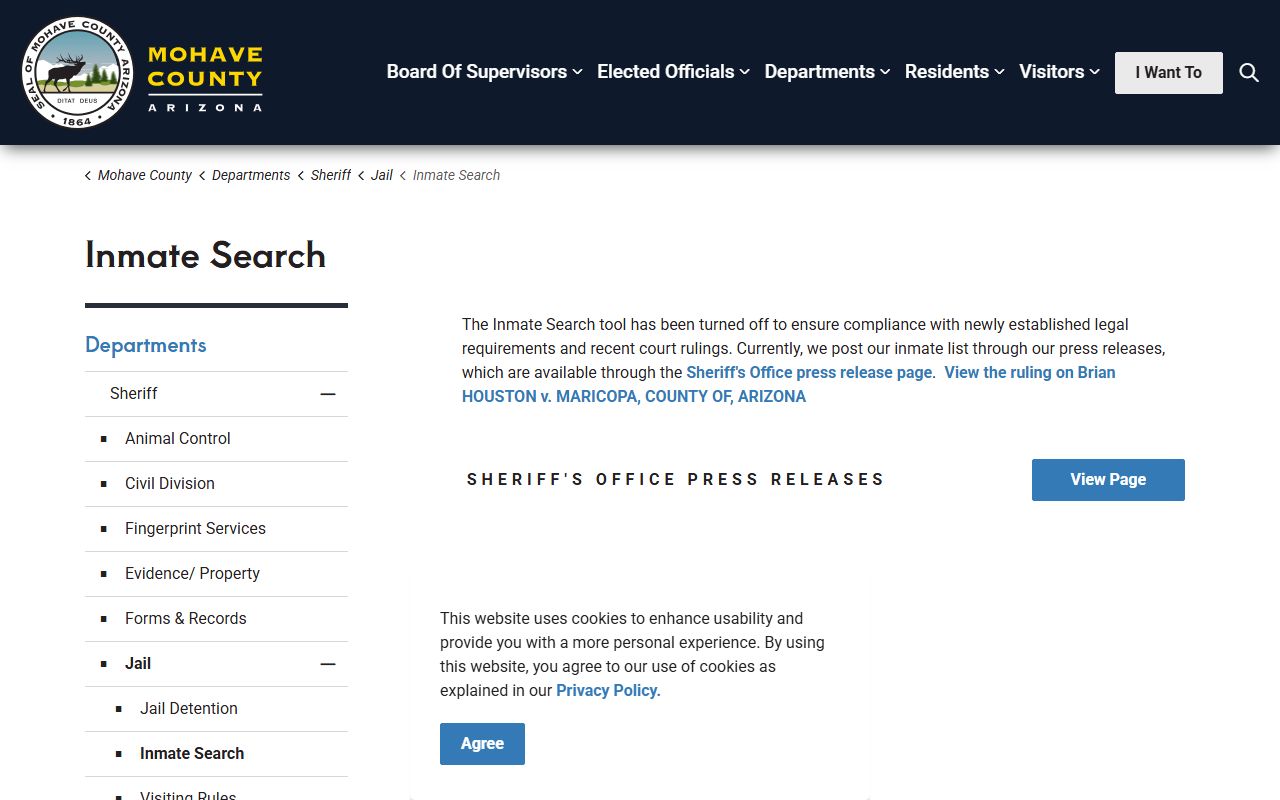 Mohave County Sheriff inmate search page showing recent bookings status