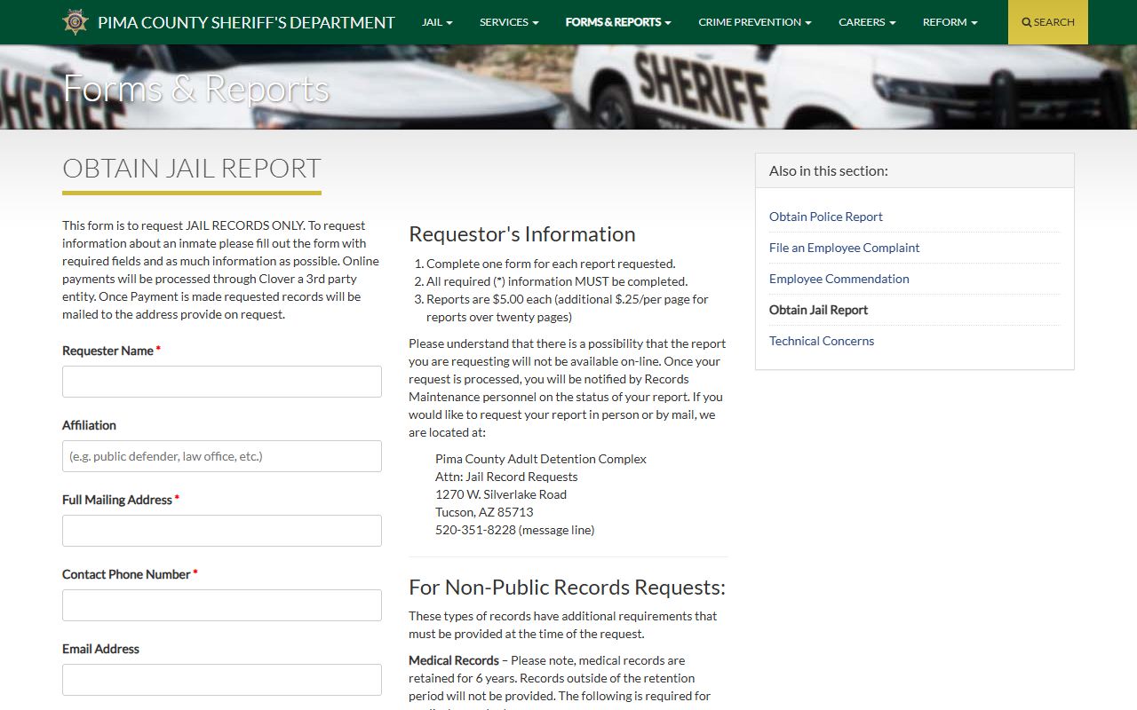 Pima County Sheriff jail records request portal for recent bookings