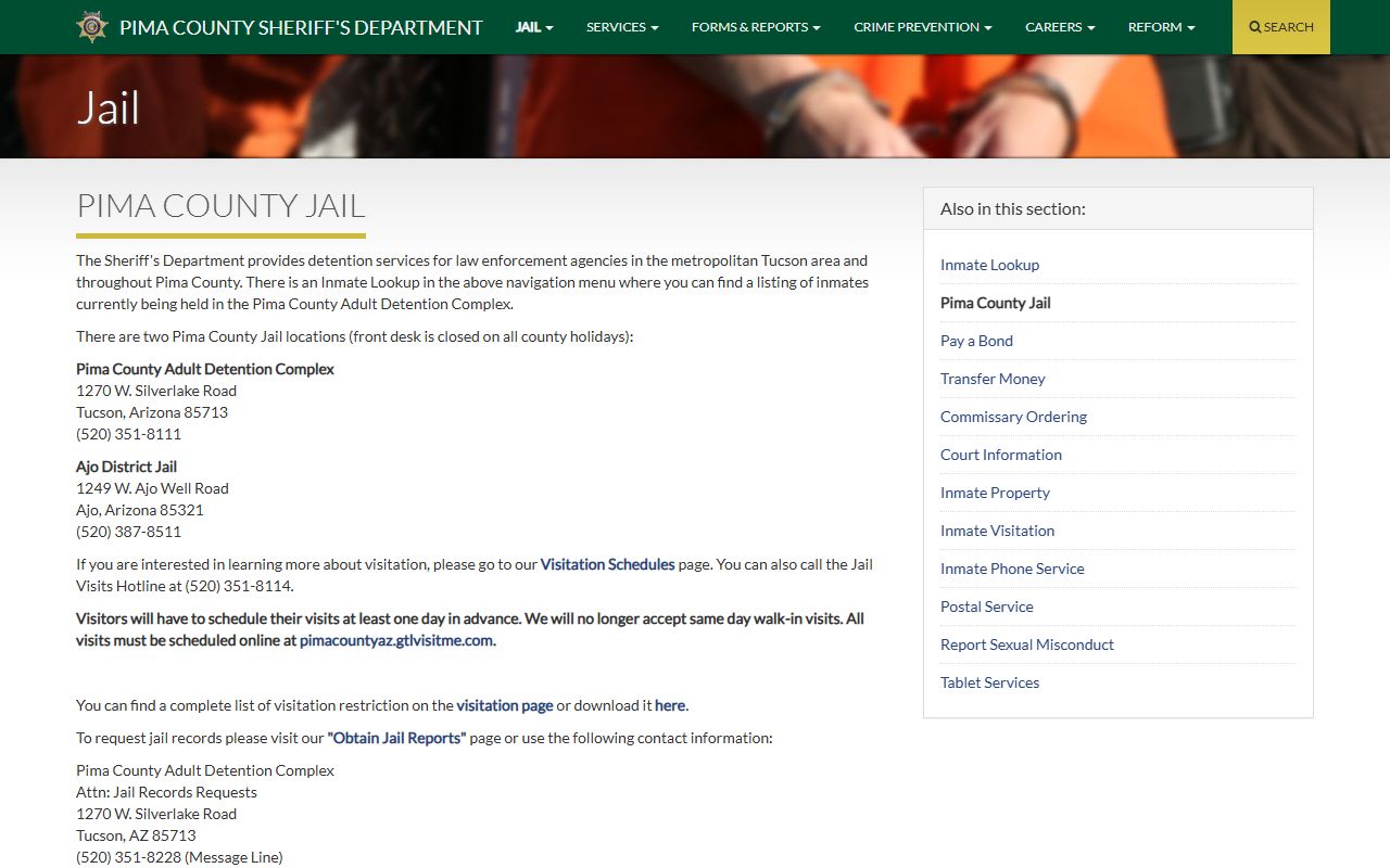 Pima County jail information and inmate services page