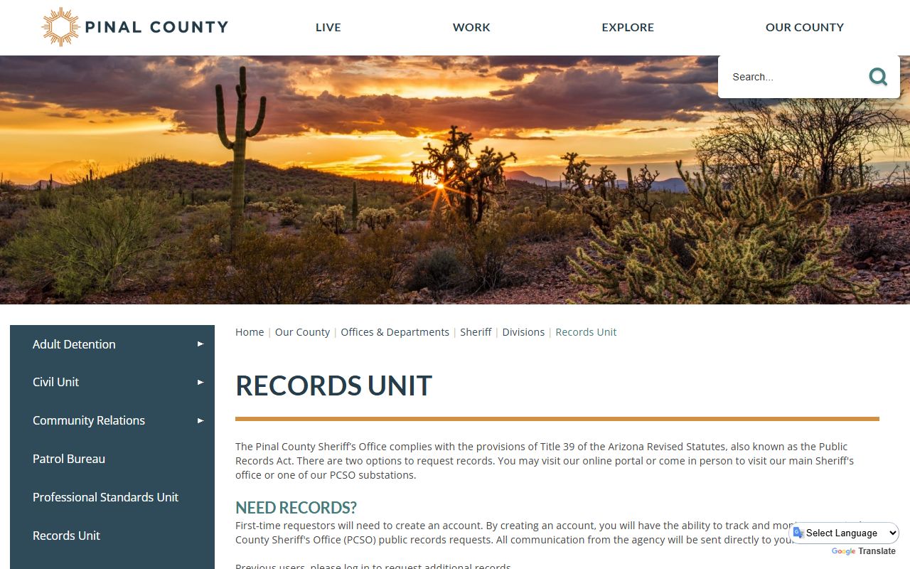 Pinal County Sheriff Records Unit page for recent bookings requests