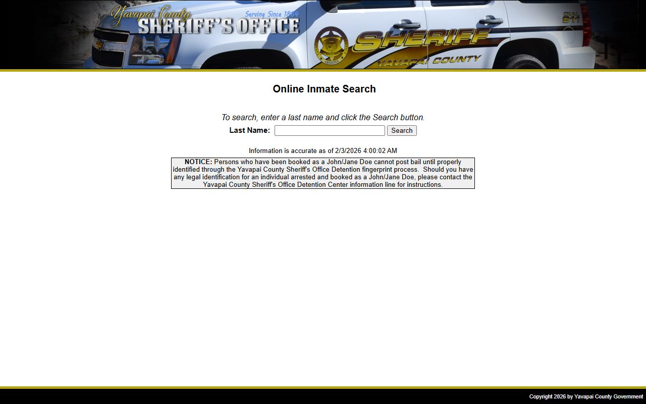 Yavapai County Sheriff inmate search database for recent bookings