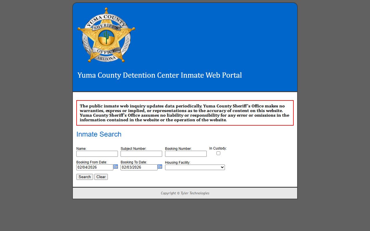 Yuma County Sheriff inmate search portal for recent bookings