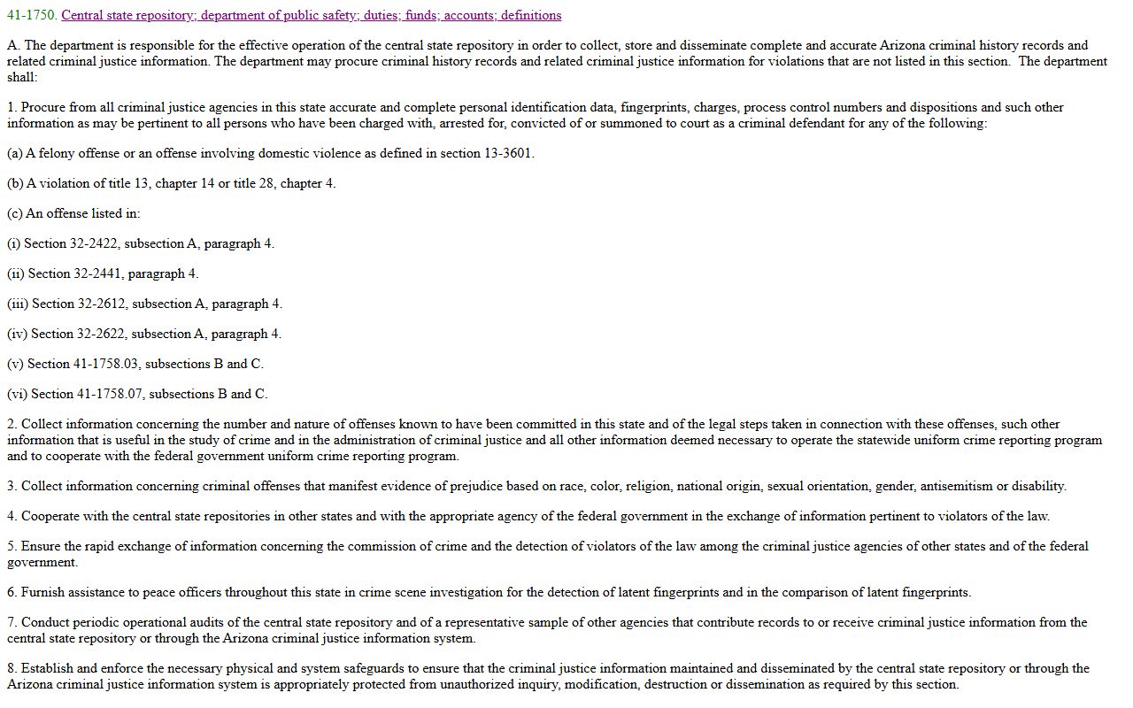 Arizona statute on Central State Repository for booking records